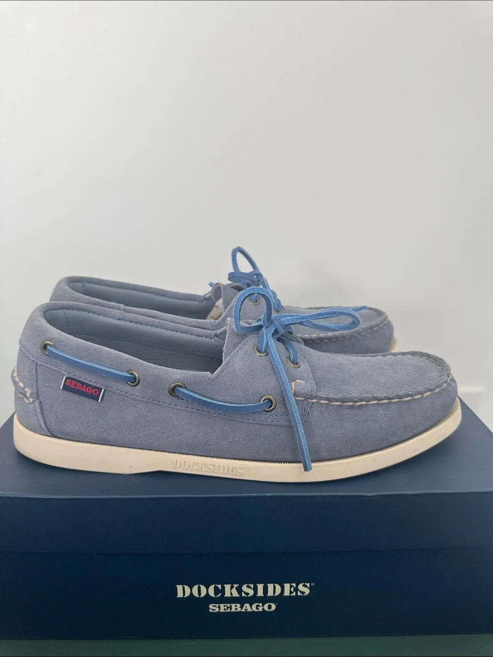 Docksides Sebago Light Blue Suede Moccasins with Blue Laces